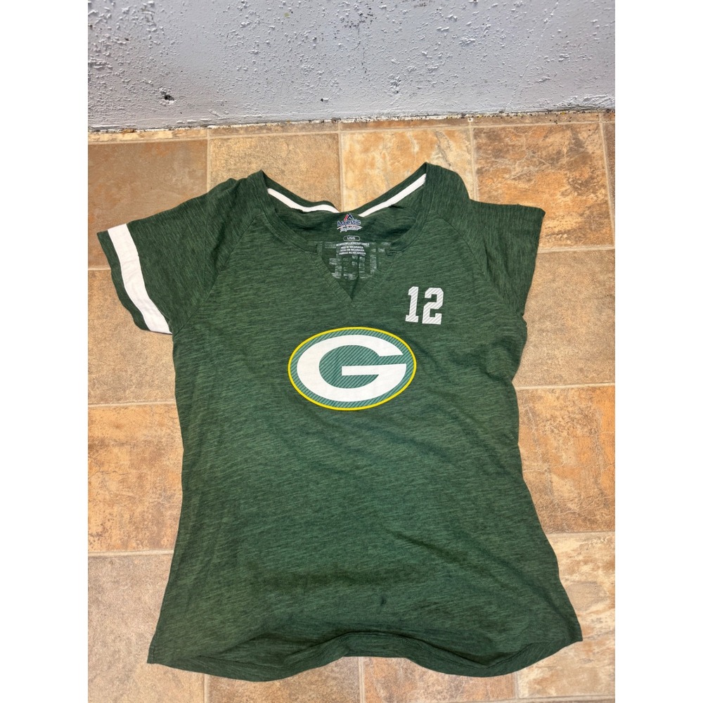 Majestic Green Bay Packers Aaron Rodgers 12 Womens V-Neck T-Shirt Green Large